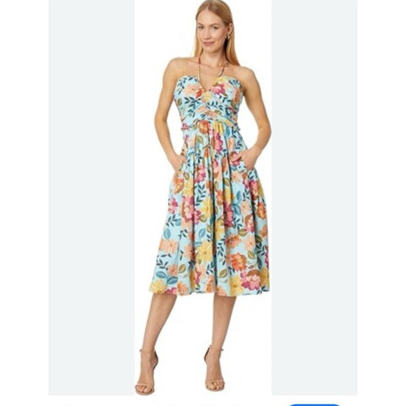 Vince Camuto Dress Womens 12 Blue Floral Halter Neck Fit and Flare Lined Pockets - Picture 3 of 12